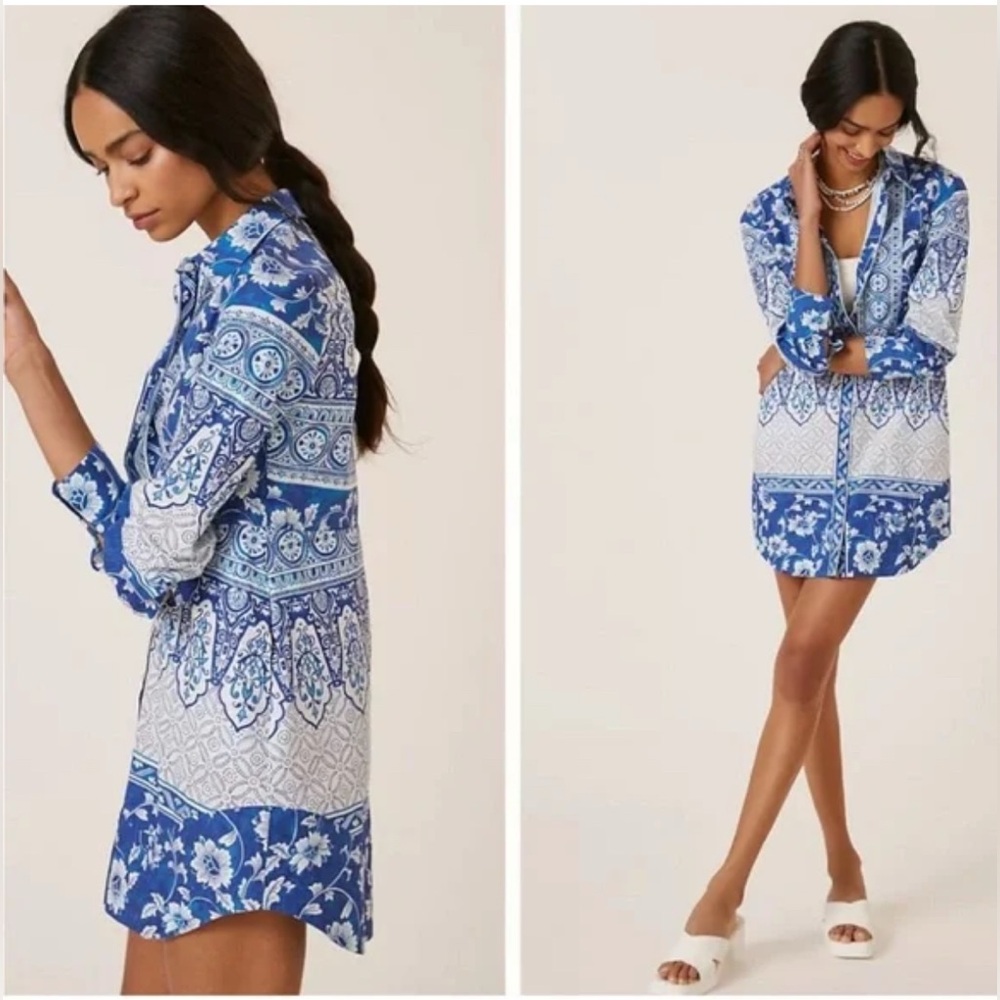 By Anthropologie Printed V-Neck Buttonfront Shirtdress Size XL Blue Motif